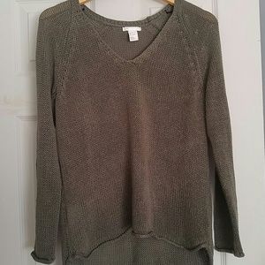 Army green open knit sweater V neck